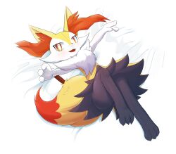  1girl absurdres animal_ear_fluff animal_ears black_fur blush body_fur braixen chest_tuft commentary english_commentary ezest fangs fox_ears fox_tail furry furry_female highres looking_at_viewer lying multicolored_fur on_back on_bed open_mouth orange_fur pokemon pokemon_(creature) red_eyes red_nose signature smile snout solo tail thick_thighs thighs white_fur yellow_fur 