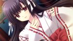  black_hair game_cg hananomiya_ako japanese_clothes long_hair miko nishimata_aoi purple_eyes sekai_seifuku_kanojo violet_eyes 