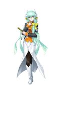  1girl black_(artist) boots chaldea_staff_uniform dragon_horns fate/grand_order fate_(series) full_body game_asset green_hair hair_between_eyes hair_ornament hair_ribbon hand_fan highres holding holding_fan horns kiyohime_(fate) long_hair long_sleeves looking_at_viewer official_art pantyhose ponytail ribbon shirt skirt smile solo standing tachi-e third-party_source transparent_background white_boots white_horns white_skirt yellow_eyes 