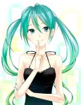  aiumi_karia bare_shoulders green_eyes green_hair hatsune_miku head_tilt nail_polish solo twintails vocaloid 