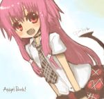  casual fang long_hair miyamae_porin necktie pink_hair plaid plaid_skirt red_eyes skirt tail tartan twintails yui_(angel_beats!) 