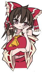  1girl :/ ascot bare_shoulders bow breasts brown_hair cxdotchison detached_sleeves frilled_bow frilled_hair_tubes frills hair_tubes hakurei_reimu highres medium_breasts midriff navel nontraditional_miko red_bow red_shirt ribbon-trimmed_sleeves ribbon_trim shirt simple_background sleeveless sleeveless_shirt solo thinking touhou white_background yellow_ascot 