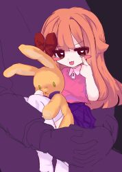  1boy 1girl absurdres bad_id bad_twitter_id black_background blush_stickers bow collared_shirt elizabeth_afton five_nights_at_freddy's full_body hair_bow highres hiji_(hijichan) no_shoes orange_hair pink_shirt purple_skirt shirt sitting sitting_on_lap sitting_on_person skirt spring_bonnie_(fnaf) stuffed_animal stuffed_rabbit stuffed_toy thigh-highs tongue tongue_out white_thighhighs 