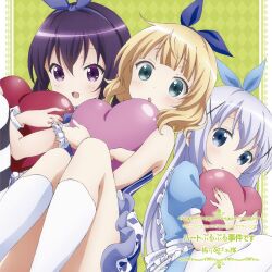 3girls :d :o album_cover apron argyle_background blonde_hair blue_dress blue_eyes blue_hair blue_hairband blush cover dress frilled_apron frills gochuumon_wa_usagi_desu_ka? green_background green_eyes hair_ornament hair_ribbon hairband heart heart-shaped_pillow highres hugging_object kafuu_chino kirima_syaro kneehighs long_hair looking_at_viewer multiple_girls official_art open_mouth pillow purple_hair purple_hairband ribbon sandwiched short_hair sitting smile socks striped_clothes tedeza_rize thigh-highs violet_eyes white_apron wrist_cuffs x_hair_ornament 