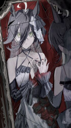  1girl absurdres ahoge animal_ears bare_shoulders black_flower black_hair broken_mirror choker closed_mouth commentary_request detached_sleeves dress flower flower_in_clothes frilled_cuffs frilled_veil grey_veil hair_between_eyes highres horse_ears horse_girl kago1zq lace-trimmed_choker lace_trim long_hair_between_eyes looking_at_mirror manhattan_cafe_(mysterious_rose)_(umamusume) manhattan_cafe_(umamusume) mirror multicolored_hair official_alternate_costume red_nails reflection ribbon short_hair solo two-tone_flower umamusume veil white_dress white_ribbon yellow_eyes 