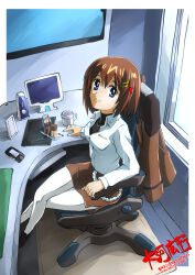  2girls black_necktie blue_eyes border brown_hair brown_jacket brown_skirt cellphone chair coffee_mug collared_shirt commentary_request crossed_legs cup dress_shirt hair_ornament highres holding holding_stylus indoors jacket lyrical_nanoha mahou_shoujo_lyrical_nanoha_strikers military_uniform mini_person minigirl monitor mug multiple_girls necktie outside_border pantyhose pencil_skirt phone picture_frame reinforce_zwei shirt short_hair sitting skirt smartphone smile stylus swivel_chair tablet_pc taiga_hiroyuki tsab_ground_military_uniform unworn_jacket white_border white_pantyhose white_shirt window x_hair_ornament yagami_hayate 