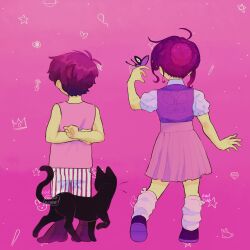  2023 alternate_costume alternate_skin_color alternate_universe artist_name black_shoes black_socks bug butterfly butterfly_on_hand cat collared_shirt commentary english_commentary highres invisible_floor leg_warmers madnopost mari_(headspace)_(omori) mari_(omori) mewo omariposa omori omori_(omori) pink_skirt pink_tank_top pleated_skirt purple_hair purple_sweater_vest shirt shoes shorts skirt socks standing striped_clothes striped_shorts sweater_vest tank_top vertical-striped_clothes vertical-striped_shorts white_leg_warmers white_shirt white_shorts 