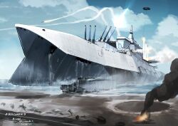  absurdres ace_combat ace_combat_8 artist_name cannon clouds highres landship mecha military missile no_humans original robot sky teisei_misagi 