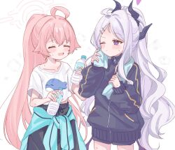  2girls ahoge blue_archive bottle breasts demon_girl demon_horns demon_wings gym_uniform halo hina_(blue_archive) holding holding_bottle horns hoshino_(blue_archive) long_hair low_wings multiple_girls nifuji open_mouth pink_hair pink_halo simple_background small_breasts standing sweat very_long_hair violet_eyes white_background white_hair wings 
