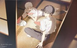  2boys belt black_belt black_hair black_pants closed_mouth commentary dress_shirt fingernails food fruit highres hikaru_ga_shinda_natsu indoors indou_hikaru kaeru_(qingwali) looking_at_viewer lying male_focus milestone_celebration mole mole_under_eye mole_under_mouth multiple_boys on_floor on_stomach pants school_uniform shirt shirt_tucked_in short_hair sitting suit_pants tsujinaka_yoshiki twitter_username watch watch watermelon watermelon_slice white_hair white_shirt 