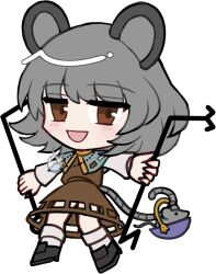  1girl :d animal_ears black_shoes blush brown_dress brown_eyes capelet chibi chibi_only dowsing_rod dress full_body grey_capelet grey_hair holding jewelry jitome long_sleeves looking_at_viewer mirei_(miirei) mouse_(animal) mouse_ears mouse_girl mouse_tail nazrin necklace open_mouth shoes short_hair simple_background smile socks solo standing tail touhou transparent_background white_socks 