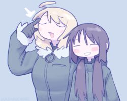  2girls :3 artist_name blonde_hair blush breasts brown_hair chito_(shoujo_shuumatsu_ryokou) closed_eyes commentary fur_trim gloves green_shirt highres jacket kurohanenone low_twintails military_jacket military_uniform multiple_girls pointing pointing_at_self shirt shoujo_shuumatsu_ryokou simple_background smile twintails yuuri_(shoujo_shuumatsu_ryokou) 