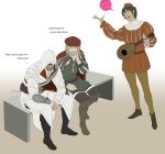  assassin&#039;s_creed:_brotherhood assassin's_creed:_brotherhood beard blue_eyes brown_hair ezio_auditore_da_firenze facial_hair gb_(doubleleaf) genmaipudding hood instrument leonardo_da_vinci music pantyhose short_hair simple_background sword ukulele vambraces weapon 