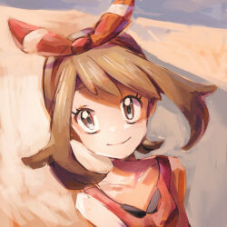  1girl bow_hairband brown_eyes brown_hair closed_mouth collarbone commentary_request desert eyelashes hairband highres may_(pokemon) medium_hair outdoors pokemon pokemon_omega_ruby_and_alpha_sapphire red_hairband red_shirt sand shigure_(pkmn12261485) shirt sleeveless sleeveless_shirt smile solo twilight upper_body 