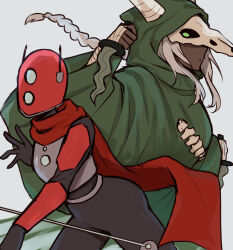  2girls absurdres aki_(xdd) animal_skull bandages bodysuit bow_(weapon) cape cloak commentary crossover dagger dark-skinned_female dark_skin green_cape green_cloak helmet highres holding holding_bow_(weapon) holding_dagger holding_knife holding_weapon huntress_(risk_of_rain) knife kris_(weapon) long_hair mask multiple_girls red_helmet red_scarf risk_of_rain_(series) risk_of_rain_2 scarf simple_background skin_tight skull-shaped_hat skull_mask skull_on_head slay_the_spire slay_the_spire_2 the_silent_(slay_the_spire) thighs very_dark_skin weapon white_hair 