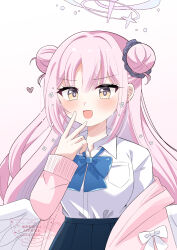  1girl angel_wings blue_archive blue_bow blue_bowtie blue_skirt bow bowtie coat commentary_request double_bun feathered_wings gradient_halo hair_bun hair_ornament hair_tie halo hands_on_own_face heart highres long_hair long_sleeves looking_at_viewer low_wings mika_(blue_archive) multicolored_halo omochi_(rimulovemiku) open_clothes open_coat open_mouth pink_coat pink_hair pink_halo pink_pupils shirt simple_background skirt translation_request very_long_hair white_background white_shirt white_wings wings 