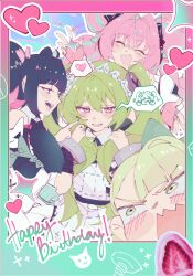  4girls angels_of_delusion aria_(human)_(zenless_zone_zero) aria_(zenless_zone_zero) black_hair black_sleeves bow commentary corin_wickes cuffs detached_sleeves english_commentary fingerless_gloves gloves green_bow green_eyes green_hair hair_bow happy_birthday heart highres levvimi long_hair maid maid_headdress multiple_girls nangong_yu open_mouth pink_gloves pink_hair red_eyes screw_hair_ornament smile spoken_expression spoken_heart sunna_(zenless_zone_zero) twintails violet_eyes zenless_zone_zero 