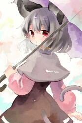  1girl animal_ears black_dress capelet commentary_request dress grey_capelet grey_hair hair_between_eyes highres holding holding_umbrella long_sleeves looking_at_viewer looking_back makida_16 medium_hair mouse_ears mouse_girl mouse_tail nazrin pink_shirt pink_umbrella red_eyes shirt solo tail touhou umbrella 