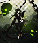  black_hair black_rock_shooter chain curly_hair dead_master dress green green_eyes horns kite-mitiko ribbon scythe skull star wings 