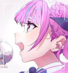  1girl ben-day_dots blue_bow blue_bowtie blue_ribbon blue_streaks blunt_bangs bow bowtie braid chromatic_aberration close-up collar commentary_request drill_hair frilled_hairband frills from_side gradient_background grey_background hair_ribbon hairband halftone highres holding holding_microphone hololive idol looking_up loose_hair_strand maid_headdress microphone minato_aqua minato_aqua_(1st_costume) mugi626 multicolored_hair open_mouth pink_eyes portrait profile purple_hair ribbon screentones side_braids sidelocks simple_background singing solo streaked_hair twin_drills twintails two-tone_hair viewfinder virtual_youtuber white_background white_collar white_hairband 