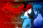  bad_id blue blue_eyes blue_hair bust casual floating_hair ginmu long_hair mahou_shoujo_madoka_magica miki_sayaka multiple_girls ponytail profile red red_eyes red_hair redhead sakura_kyouko short_hair 