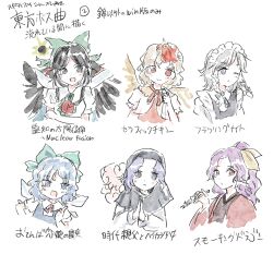  6+girls black_hair blonde_hair blue_eyes blue_hair braid cirno commentary_request feathered_wings highres izayoi_sakuya komakusa_sannyo kumoi_ichirin looking_at_viewer mitsusame multiple_girls niwatari_kutaka own_hands_together purple_hair red_eyes reiuji_utsuho touhou translation_request twin_braids white_background wings 