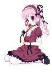  blush dress eating food long_hair meito_(artist) meito_(maze) original pantyhose pink_hair purple_eyes solo twintails violet_eyes 