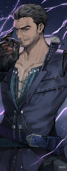  1boy artist_name beard belt belt_buckle black_gloves black_jacket blue_belt blue_eyes buckle cidolfus_telamon cigar facial_hair final_fantasy final_fantasy_xvi gloves grey_hair highres holding holding_cigar jacket lightning_bolt_symbol male_focus mature_male parted_lips short_hair sideburns smoking solo studded_jacket tk_(tksnim) upper_body 