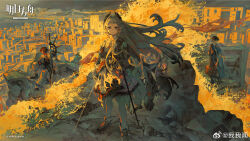  2boys arknights black_shoes building closed_mouth copyright_logo copyright_name copyright_notice dress floating_hair flock full_body grey_eyes grey_hair grey_pantyhose head_wings highres holding holding_sword holding_weapon irene_(arknights) limited_palette logo long_hair long_sleeves looking_at_viewer lumen_(arknights) multiple_boys official_art outdoors pantyhose rock scar scar_across_eye scar_on_face shoes short_dress sidelighting simple_bird sitting sky stairs standing starstruckdon sword third-party_source thorns_(arknights) watermark waves weapon weibo_watermark wings 