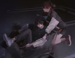  2girls absurdres alternate_costume bespectacled bow braid brown_hair brown_pants candy casual clothes_writing commentary contemporary english_text food food_in_mouth glasses green_bow hair_bow highres in_shopping_cart kaenbyou_rin leg_up lollipop lollipop_in_mouth long_hair long_sleeves looking_at_viewer multiple_girls outdoors pants red-framed_eyewear red_eyes red_hair red_shoes reiuji_utsuho sawararado shoes shopping_cart sneakers socks touhou twin_braids white_shoes yellow_socks 