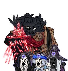  1girl absurdres ai-generated_art_(topic) ash_baby_(meme) asymmetrical_horns black_capelet black_gloves black_hood capelet chun_grandfa colored_skin commentary_request dark-skinned_female dark_skin dress elden_ring elden_ring_nightreign flower_wreath gloves hands_up hat head_wreath highres horns korean_commentary long_hair meme mohg_lord_of_blood multiple_horns nun open_mouth recluse_(elden_ring) revenant_(elden_ring) robe salt_bae_(meme) simple_background sunglasses undertaker_(elden_ring) veil white_background witch_hat 