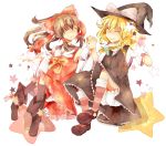  bad_id blonde_hair bloomers bow braid brown_hair closed_eyes detached_sleeves eyes_closed hair_bow hakurei_reimu hand_holding hat holding_hands kirisame_marisa mary_janes miko multiple_girls noue_(no_zog) shoes short_hair smile star touhou witch witch_hat 
