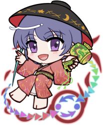  1girl :d barefoot black_hat blush bowl bowl_hat chibi chibi_only full_body hat holding holding_needle japanese_clothes kimono long_sleeves looking_at_viewer miracle_mallet mirei_(miirei) needle obi open_mouth purple_hair red_kimono sash short_hair simple_background smile solo sukuna_shinmyoumaru touhou transparent_background violet_eyes wide_sleeves 