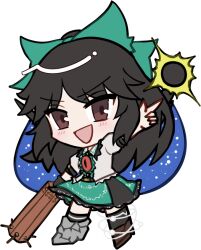  1girl :d arm_cannon black_hair black_socks blush bow brown_shoes chest_eye chibi chibi_only collared_shirt frilled_skirt frills full_body green_bow green_skirt hair_bow kneehighs long_hair looking_at_viewer mirei_(miirei) open_mouth outstretched_arm pointing red_eyes reiuji_utsuho shirt shoes short_sleeves simple_background skirt smile socks solo standing sun touhou transparent_background v-shaped_eyebrows weapon white_shirt 