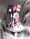  akemi_homura azmodan back-to-back bad_id black_hair bubble_skirt choker hairband high_res highres holding_hands kaname_madoka long_hair magical_girl mahou_shoujo_madoka_magica multiple_girls pantyhose pink_eyes pink_hair puffy_sleeves purple_eyes short_hair short_twintails twintails violet_eyes 