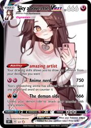 1girl brown_hair choker crop_top heart_choker indie_virtual_youtuber iphone pink_shirt pink_shorts shorts sky_above_me_(vtuber) striped_shorts surfboard trading_card very_long_hair virtual_youtuber yellow_eyes