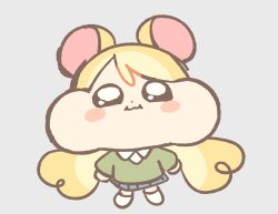  1girl blonde_hair blue_skirt blush cardigan cheek_bulge chibi chibi_only dot_nose full_body green_cardigan grey_background hammi_(umiko_zzz) highres looking_at_another low_twintails original pleading_eyes shoes skirt solo twintails umiko_zzz white_shoes 