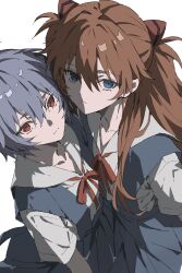  2girls ayanami_rei blue_dress blue_hair closed_mouth collared_shirt double-parted_bangs dress hair_between_eyes highres interface_headset_(evangelion) long_hair long_sleeves looking_at_viewer multiple_girls neck_ribbon neon_genesis_evangelion orange_hair red_eyes red_ribbon ribbon ru_neko_ru school_uniform shirt short_hair souryuu_asuka_langley standing tokyo-3_middle_school_uniform very_long_hair white_background white_shirt 
