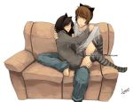  1girl animal_ears barefoot black_hair cat_ears couch couple fake_animal_ears faustsketcher hug original sitting sitting_on_lap sitting_on_person sketcher2007 striped striped_legwear striped_thighhighs sweater thigh-highs thighhighs watermark web_address 