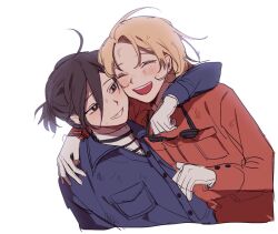  1boy 1girl ahoge arm_around_neck bad_id bad_twitter_id blonde_hair breast_pocket brown_hair buttons closed_eyes commentary fang gloves goggles goggles_around_neck hair_between_eyes happy hug identity_v light_blush long_sleeves luca_balsa mechanic orange_shirt pocket shirt short_hair simple_background smile striped_clothes striped_shirt teeth tracy_reznik turtleneck turtleneck_shirt untranslatable_commentary upper_body upper_teeth_only white_background white_gloves white_shirt yp_(pypy_5_) 