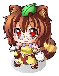  1girl animal_ears black_sandals blush brown_hair brown_skirt chibi chibi_only closed_mouth commentary_request full_body futatsuiwa_mamizou glasses hair_between_eyes hands_on_own_hips jug_(bottle) leaf leaf_on_head looking_at_viewer raccoon_ears raccoon_girl raccoon_tail red_eyes round_eyewear sandals shinjitsu shirt short_hair short_sleeves simple_background skirt smile solo standing tail touhou white_background yellow_shirt 