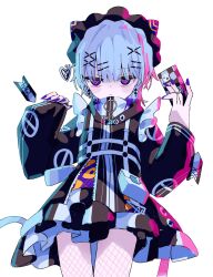  1girl absurdres black_dress blue_hair blue_nails cellphone character_name closed_mouth commentary dress fishnet_pantyhose fishnets foopy hair_ornament hairclip haishin_shoujo_no_uraaka_meikyuu hazama_nagi heart highres holding holding_phone jacket long_sleeves looking_at_viewer name_tag pantyhose phone short_hair simple_background smartphone solo untranslatable_commentary violet_eyes white_background x_hair_ornament 