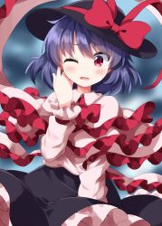  1girl ascot black_skirt blurry blush bow capelet commentary_request depth_of_field frilled_capelet frilled_shawl frills hat hat_bow highres long_skirt long_sleeves looking_at_viewer nagae_iku one_eye_closed open_mouth pink_shawl pink_shirt purple_hair red_ascot red_eyes ruu_(tksymkw) shawl shirt skirt solo touhou 