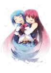  ^_^ alternate_hairstyle bad_id blue_hair closed_eyes detached_sleeves fang gloves hair_down hug hug_from_behind kagura_yuuki long_hair magical_girl mahou_shoujo_madoka_magica miki_sayaka open_mouth red_hair redhead sakura_kyouko short_hair smile tears white_gloves 