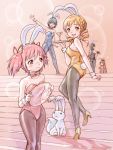  5girls akemi_homura alternate_costume animal_ears bunny_ears bunnysuit high_heels highres kaname_madoka kyubey kyuubee mahou_shoujo_madoka_magica miki_sayaka multiple_girls pantyhose sakura_kyouko shoes stairs tomoe_mami tray yoshizou 