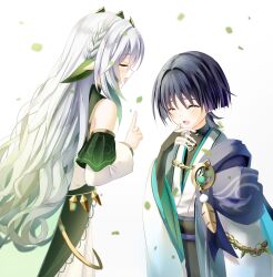  1boy 1girl adapted_costume aged_up aiguillette aqua_gem arm_at_side black_bodysuit black_hair black_hakama black_sash blue_kimono blue_sleeves blunt_ends blush bodysuit braid cape closed_eyes commentary_request detached_sleeves dress eyeliner facing_another falling_leaves feathers fingernails gem genshin_impact gold green_hair green_sleeves hair_ornament hakama half_crown_braid hand_up highres index_finger_raised japanese_clothes juban kimono layered_sleeves leaf leaf_hair_ornament long_hair long_sleeves makeup multicolored_hair nahida_(genshin_impact) obi obijime open_mouth plant pointy_ears pom_pom_(clothes) purple_cape purple_sash red_eyeliner sash scaramouche_(genshin_impact) short_over_long_sleeves short_sleeves side_cape streaked_hair turtleneck turtleneck_bodysuit very_long_hair vines vision_(genshin_impact) wanderer_(genshin_impact) wavy_hair white_background white_dress white_hair white_kimono white_sleeves wide_sleeves wispy_bangs xxx_hi_0 yellow_feathers 