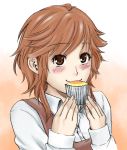  1girl amagami blush brown_eyes brown_hair cupcake eating face hanamura hands sakurai_rihoko short_hair smile solo 
