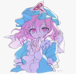  1girl blue_hat blue_kimono commentary frilled_kimono frills grey_background hat highres japanese_clothes kimono long_hair long_sleeves looking_at_viewer mob_cap pink_eyes pink_hair ribbon-trimmed_collar ribbon_trim saigyouji_yuyuko signature simple_background sleeve_garter solo touhou triangular_headpiece uehara_suiyo upper_body wide_sleeves 