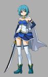  blue_hair cape gloves magical_girl mahou_shoujo_madoka_magica miki_sayaka shiba_murashouji short_hair sitting thigh-highs thighhighs weapon 