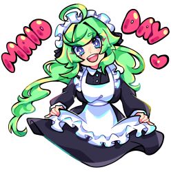  1girl ahoge apron black_dress dress dustco_(vtuber) green_hair highres indie_virtual_youtuber long_sleeves looking_at_viewer maid maid_apron maid_day maid_headdress open_mouth solo twintails violet_eyes virtual_youtuber white_background x3dustco 